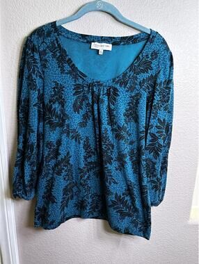 Jones New York Sport Women's XL Blue Black Floral Cotton Blend Long Sleeve Top